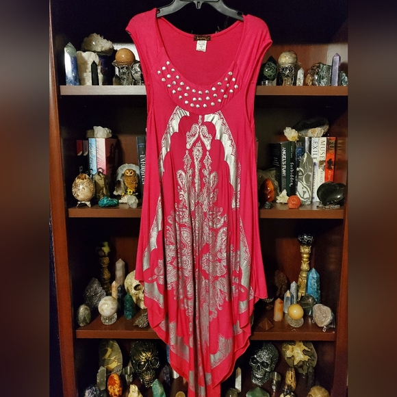 Beautiful Fuchsia with Grey pattern design and silver accents summer dress. - Picture 1 of 6